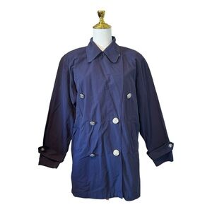 Vintage Lizsport Navy Blue Double Breasted Coat Silver Crest Buttons Small S